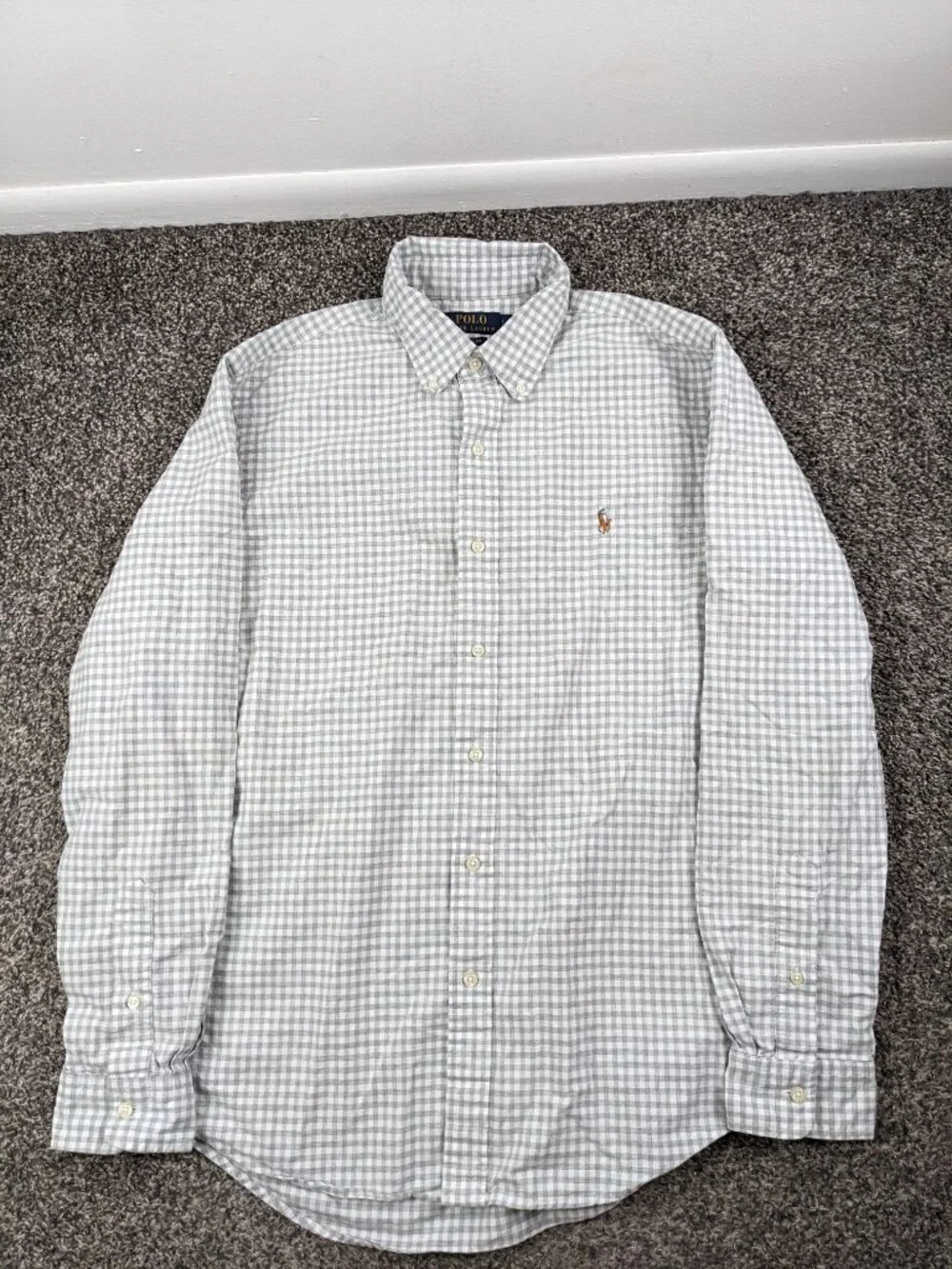 Polo Ralph Lauren Shirt Oxford L/S Button Down Gingham Checked Gray Mens Large